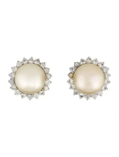 Pre-owned Earrings 18k Pearl & Sapphire Clip On  In Multi