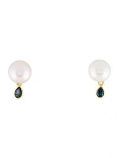 Pre-owned Earrings 18k Pearl & Sapphire Drop  In Multi