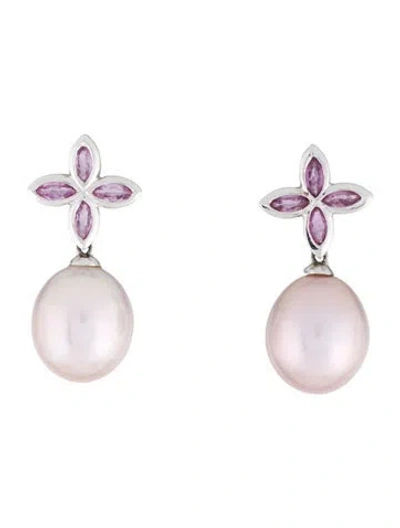 Pre-owned Earrings 18k Pearl & Sapphire Drop  In Multi