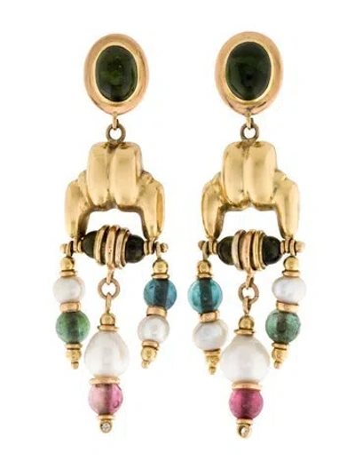 Pre-owned Earrings 18k Pearl & Tourmaline Drop  In Multi