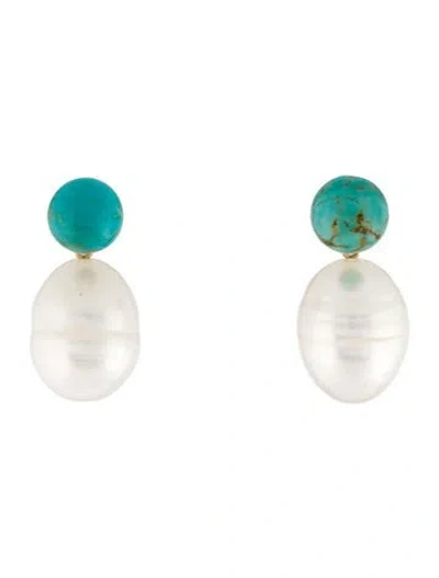 Pre-owned Earrings 18k Pearl & Turquoise Drop  In Multi