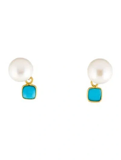 Pre-owned Earrings 18k Pearl & Turquoise Drop In Multi