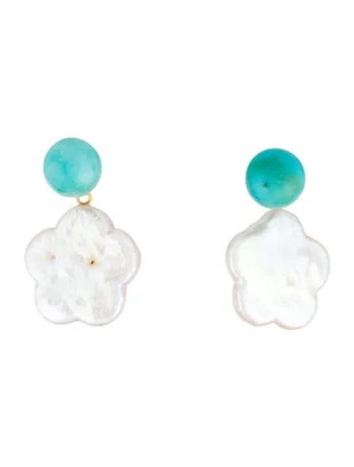 Pre-owned Earrings 18k Pearl & Turquoise Flower Drop  In Multi
