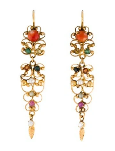 Pre-owned Earrings 18k Pearl, Coral & Multistone Drop