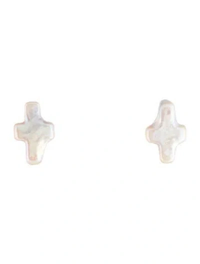 Pre-owned Earrings 18k Pearl Cross Stud  In Multi