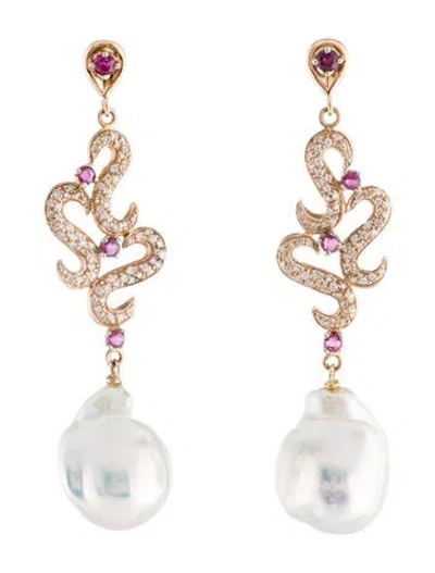 Pre-owned Earrings 18k Pearl, Diamond & Ruby Swirl Drop  In Multi