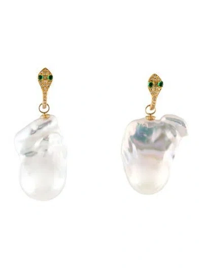 Pre-owned Earrings 18k Pearl, Emerald & Diamond Drop  In Multi