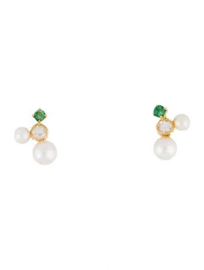 Pre-owned Earrings 18k Pearl, Emerald, & Topaz Stud  In Multi