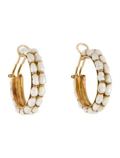 Pre-owned Earrings 18k Pearl Hoop  In Multi