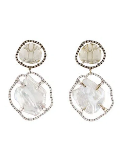 Pre-owned Earrings 18k Pearl, Quartz & Diamond Drop  In Multi