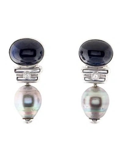 Pre-owned Earrings 18k Pearl, Sapphire & Diamond Drop  In Multi