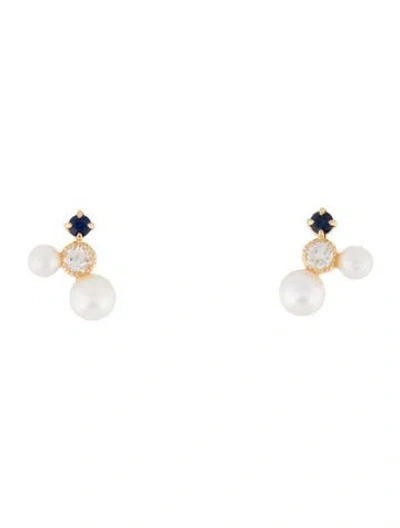 Pre-owned Earrings 18k Pearl, Sapphire & Topaz Stud  In Multi