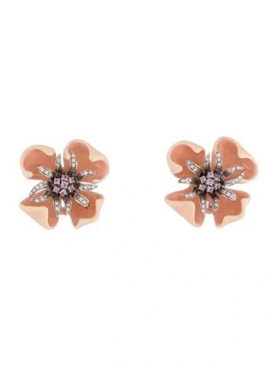 Pre-owned Earrings 18k Pink Sapphire, Diamond & Enamel Floral Clip-on