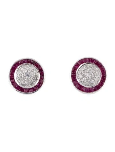 Pre-owned Earrings 18k Ruby & Diamond Halo Stud  In Multi
