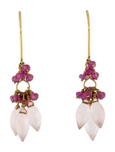 Pre-owned Earrings 18k Ruby & Rose Quartz Cluster Drop  In Multi