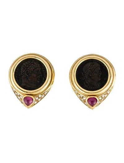 Pre-owned Earrings 18k Ruby, Diamond & Coin Clip-on  In Multi