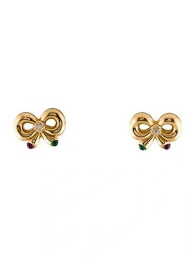 Pre-owned Earrings 18k Ruby, Emerald & Diamond Bow Stud  In Multi