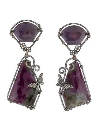 Pre-owned Earrings 18k Ruby In Zoisite & Diamond Drop  In Multi
