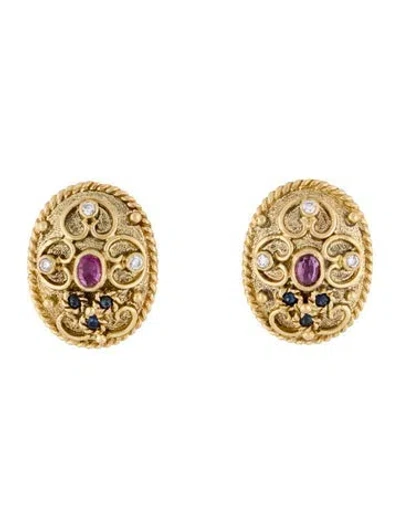 Pre-owned Earrings 18k Ruby, Sapphire & Diamond Oval Domed Earclips In Multi