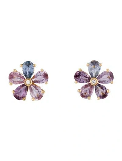 Pre-owned Earrings 18k Sapphire & Diamond Flower Stud  In Multi