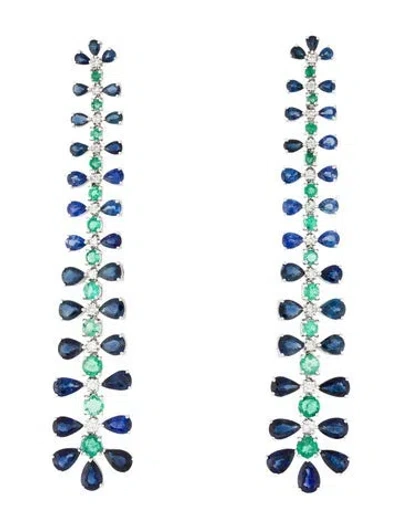 Pre-owned Earrings 18k Sapphire, Emerald & Diamond Drop  In Multi