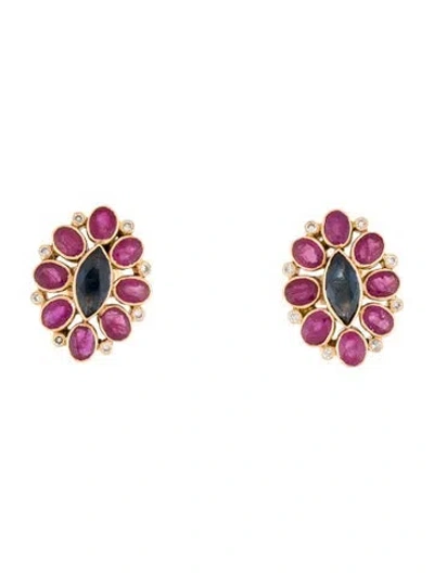 Pre-owned Earrings 18k Sapphire, Ruby & Diamond Stud  In Multi