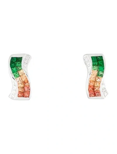 Pre-owned Earrings 18k Sapphire, Tsavorite Garnet & Diamond Earclips In Multi