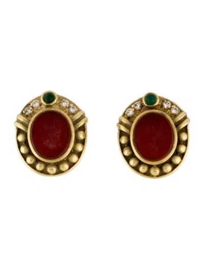 Pre-owned Earrings 18k Sard, Emerald & Diamond Earclips In Multi