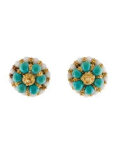 Pre-owned Earrings 18k Shell & Turquoise Clip-on  In Multi