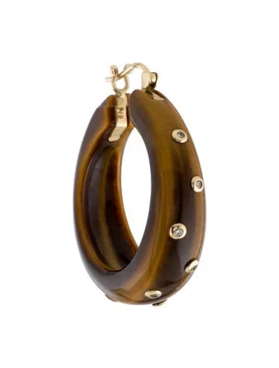 Pre-owned Earrings 18k Tiger Eye Quartz & Diamond Single Hoop Earring In Multi