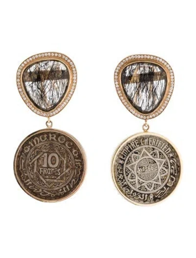 Pre-owned Earrings 18k Tourmalinated Quartz & Diamond Coin Drop Earclips In Silver