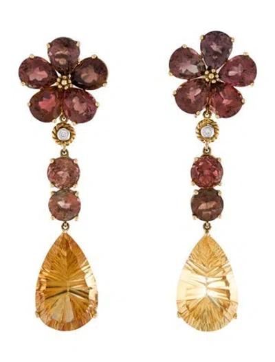 Pre-owned Earrings 18k Tourmaline & Citrine Flower Drop  In Multi