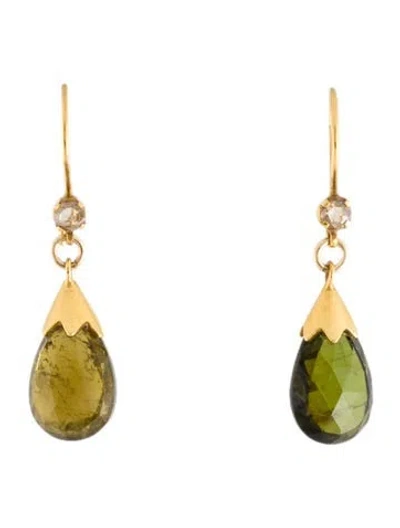 Pre-owned Earrings 18k Tourmaline & Diamond Drop  In Multi