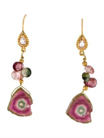 Pre-owned Earrings 18k Tourmaline & Diamond Drop  In Multi