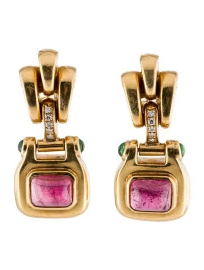 Pre-owned Earrings 18k Tourmaline, Diamond & Tsavorite Garnet Accented Drop Earclips In Multi