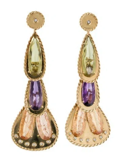 Pre-owned Earrings 18k Tourmaline, Peridot & Amethyst Earclip Drop  In Multi