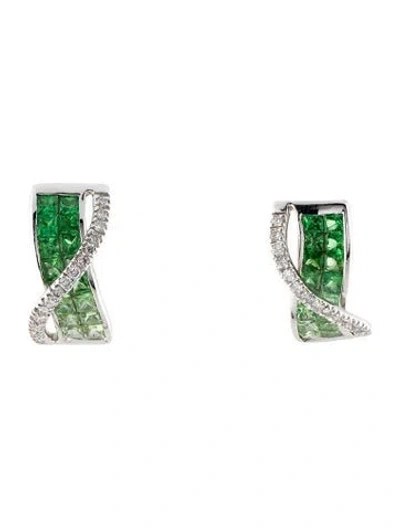 Pre-owned Earrings 18k Tsavorite Garnet & Diamond Earclips In Multi