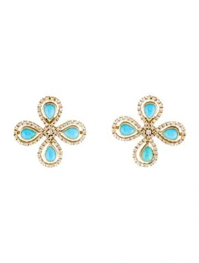 Pre-owned Earrings 18k Turquoise & Diamond Quatrefoil Earclip  In Multi