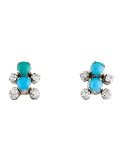 Pre-owned Earrings 18k Turquoise & Diamond Stud  In Multi
