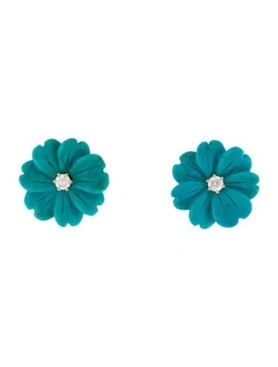 Pre-owned Earrings 18k Turquoise & Moissanite Flower Stud  In Multi