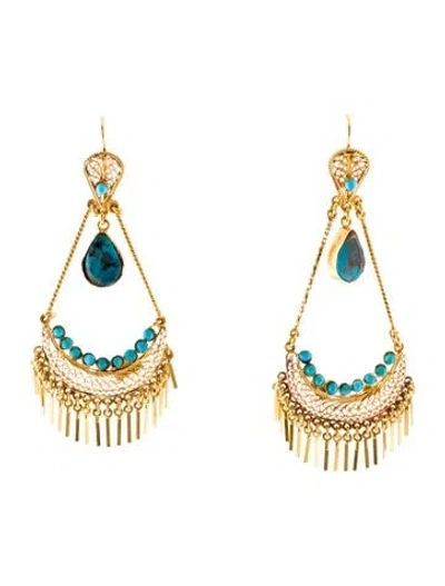 Pre-owned Earrings 18k Turquoise Chandelier  In Multi
