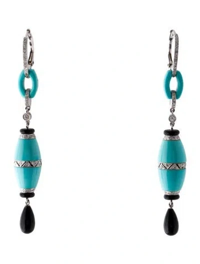 Pre-owned Earrings 18k Turquoise, Onyx & Diamond Drop  In Multi