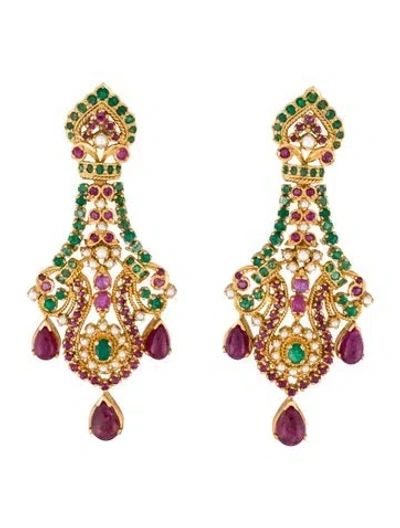 Pre-owned Earrings 22k Pearl, Ruby & Emerald Drop  In Multi