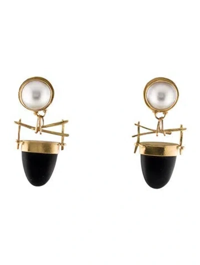 Pre-owned Earrings Carolyn Morris Bach 18k Pearl & Onyx Drop  In Multi