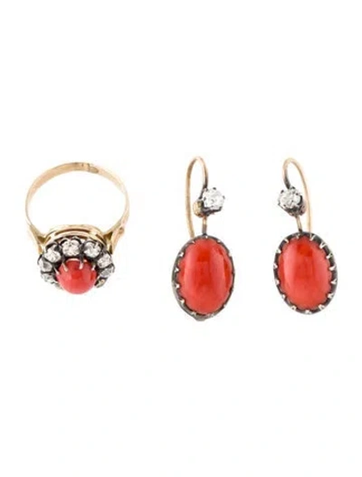 Pre-owned Earrings Coral & 1.80ctw Diamond Cocktail Ring & Drop  Set In Multi