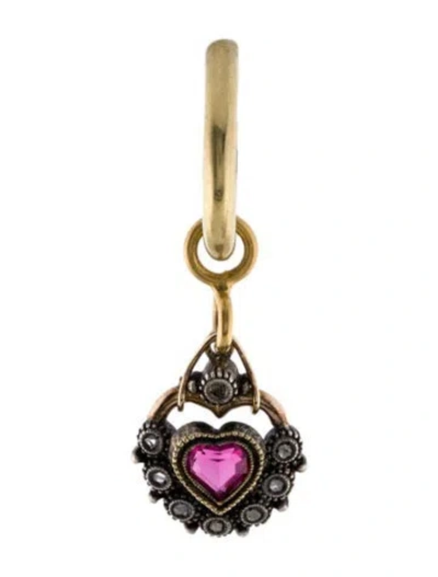 Pre-owned Earrings Diamond & Synthetic Ruby Heart Hoop Drop  In Multi