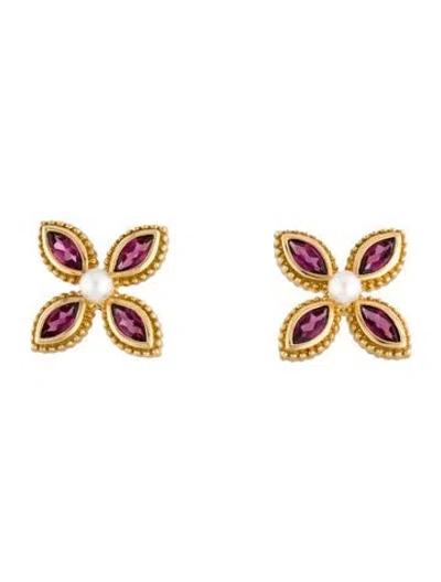 Pre-owned Earrings Iridesse 18k Pearl & Rhodolite Flower Stud  In Multi