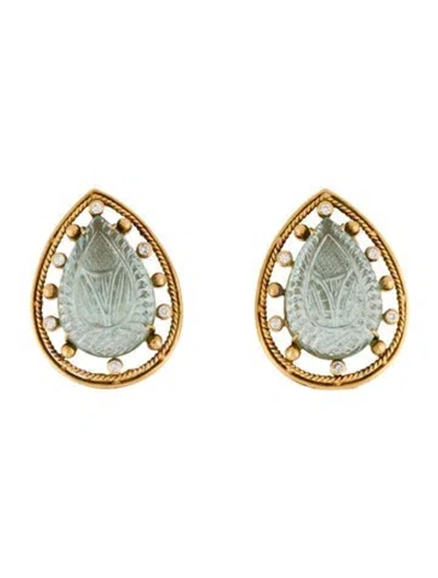 Pre-owned Earrings Kim Poor 18k Aquamarine & Diamond Carved Earclip  In Multi
