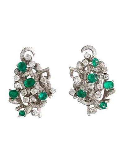Pre-owned Earrings Platinum 2.40ctw Emerald & Diamond Clip-on  In Multi