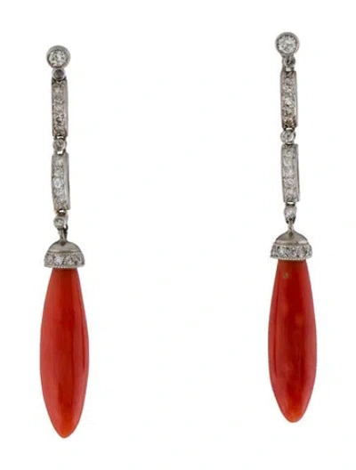 Pre-owned Earrings Platinum Coral & Diamond Drop  In Multi